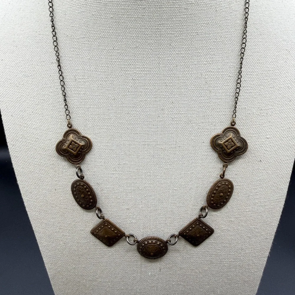 Bronze Tone Filigree Geometric Statement Necklace Boho Cottagecore Festival Gift